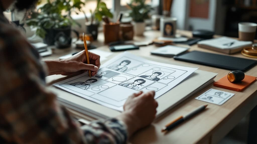 Comic editor interface showing panel editing and lettering tools